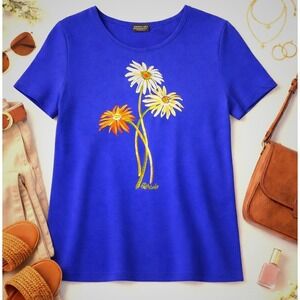 Wearable Art Embroidered Whimsical Floral Top Women's Sz XL Purple Cottagecore